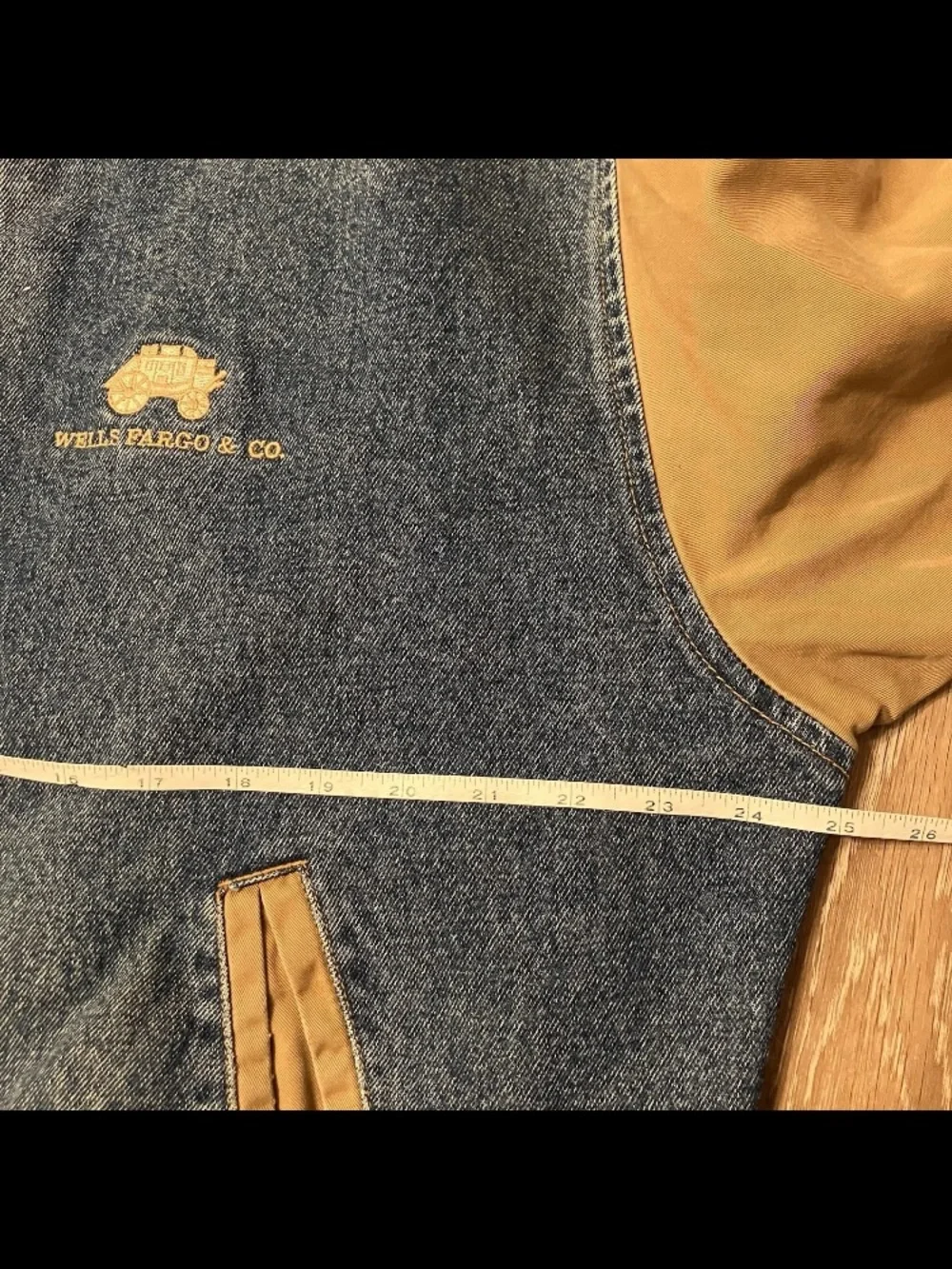 Vintage Port Authority Denim Bomber Jacket Wells Fargo & Co Size L Distressed